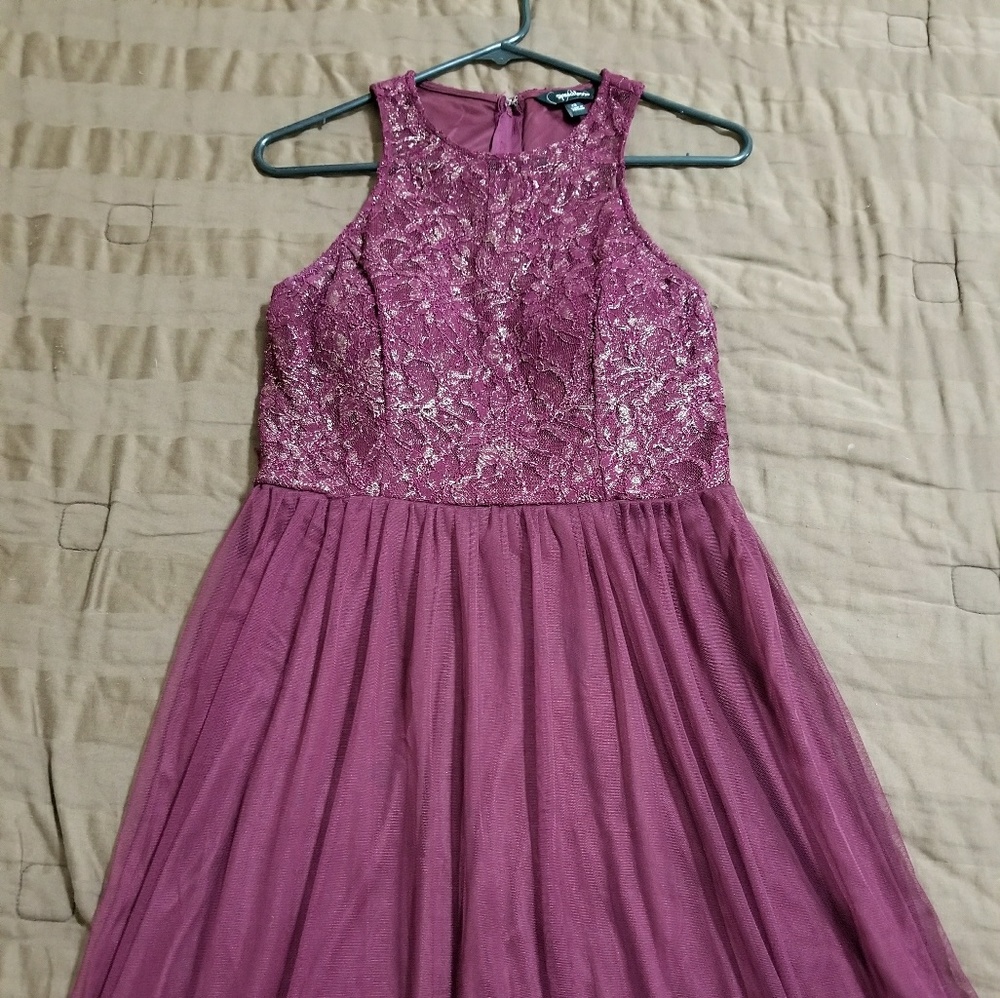 Maroon and gold lace and chiffon dress